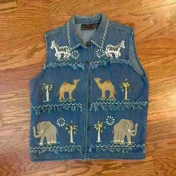 Vintage 90's Y2K Denim Vest Embroidered Safari Animals Size XL Made in India - Picture 2 of 10